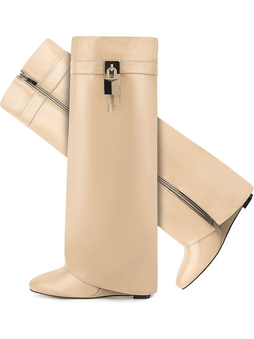 Women's Beige Pointy Pull On Wedge Heel Knee Shark Side Zipper Fold Over Boot